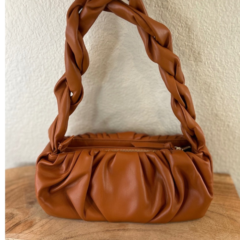Expressions NYC Cognac Brown Ruched Vegan Leather Braided Handle Shoulder Bag